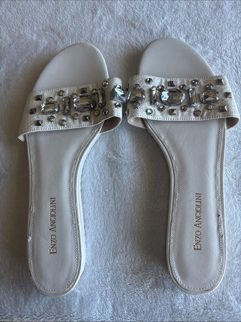 Enzo Angiolini Ivory Jeweled Slide Sandals